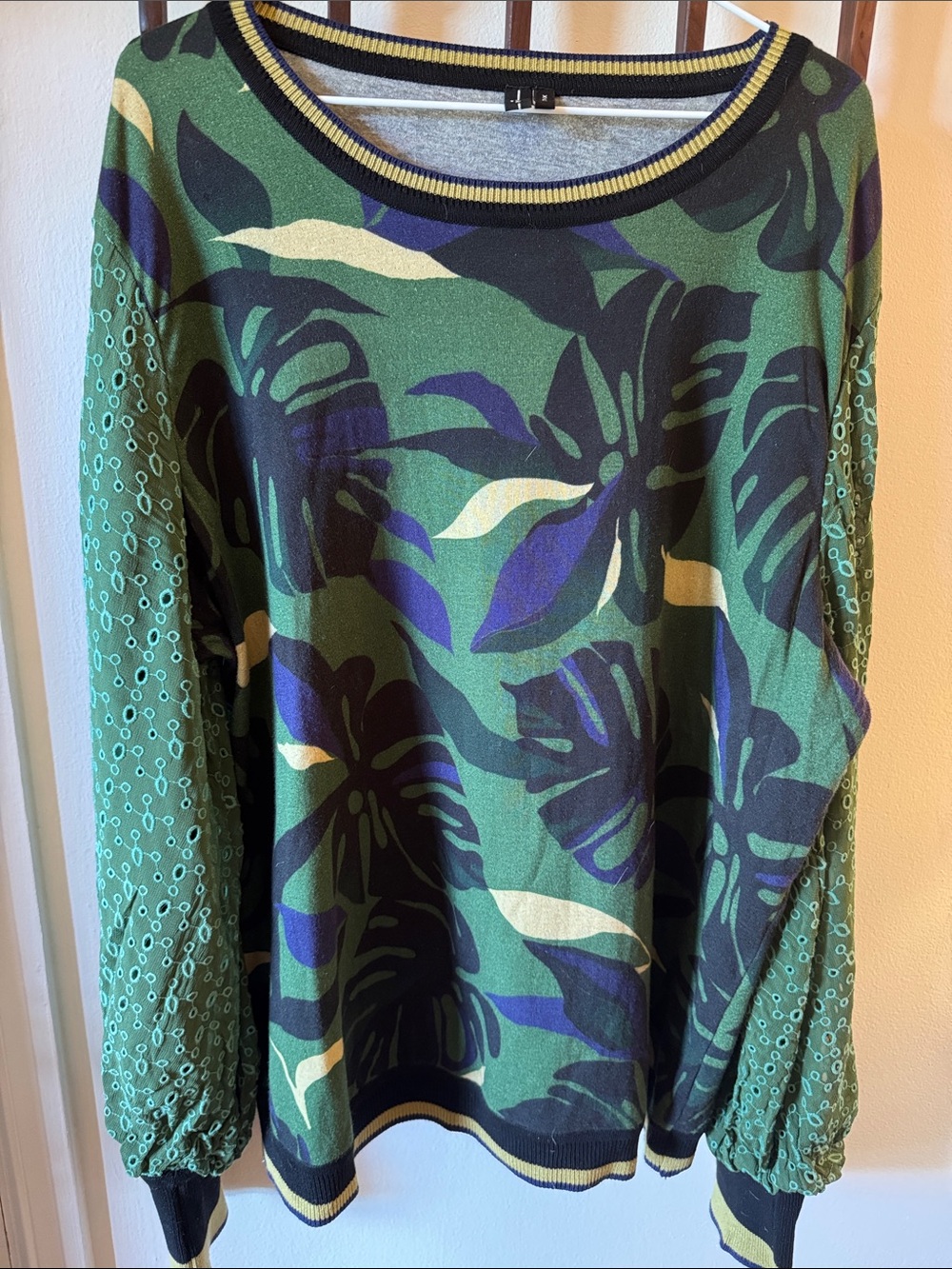 Anthropologie Blank London Green Monstera Print Pullover Jersey & Eyelet Top